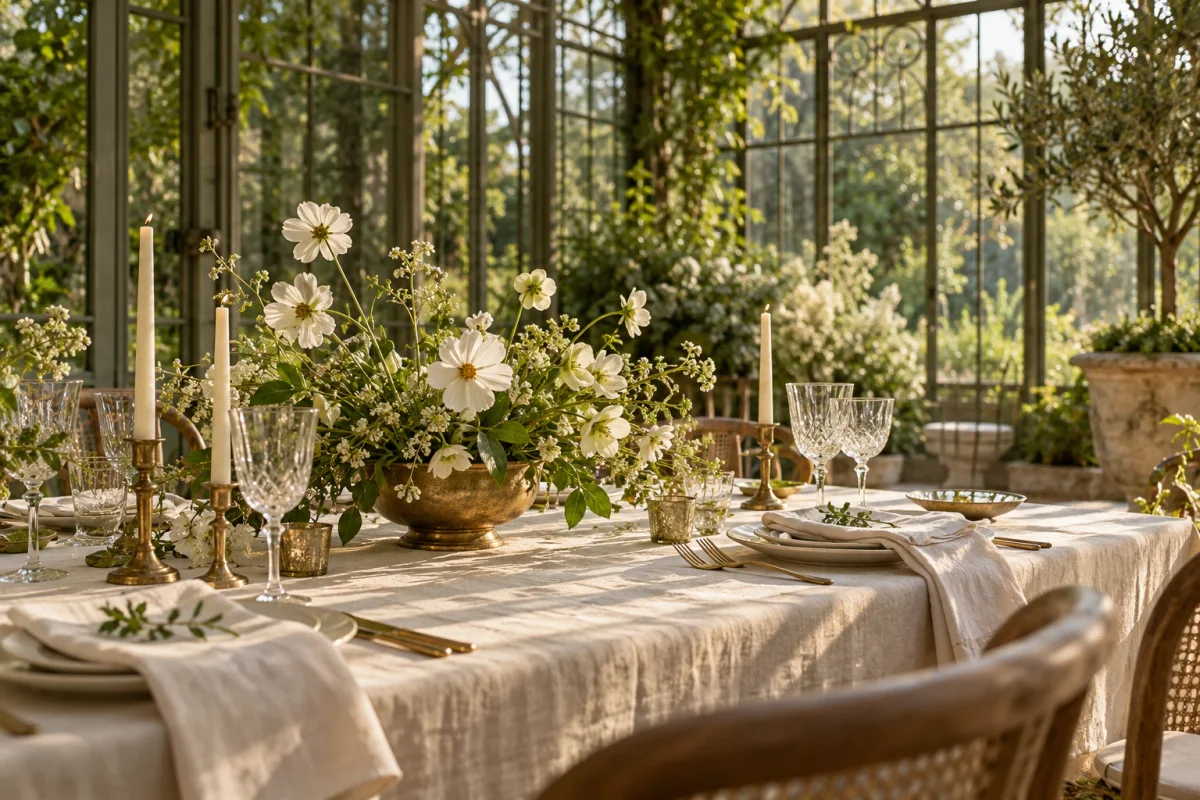 Imagined conservatory wedding table with white flowers, ivory linen and aged brass